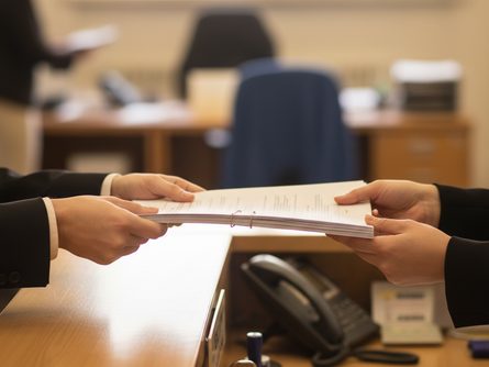 법원 등기소 창구에서 서류를 제출하는 손 클로즈업, 뒷배경으로 흐릿한 사무실 풍경