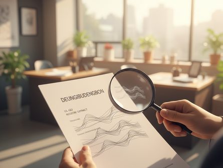 손으로 잡은 등기부등본 서류와 돋보기 클로즈업, 흐릿한 부동산 중개사무소 배경