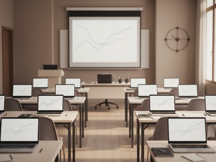 강의실 앞쪽에 프로젝터 화면과 강사, 책상 앞에 앉은 수강생들, 측면 촬영