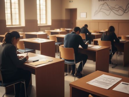 법원 경매 입찰실 내부, 여러 사람이 앉아 입찰표를 작성 중인 모습, 측면에서 촬영한 장면