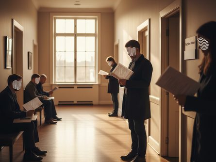 법원 경매 입찰실 앞 복도, 손에 입찰표와 서류를 든 사람들이 대기 중인 모습, 자연광이 들어오는 창문 배경