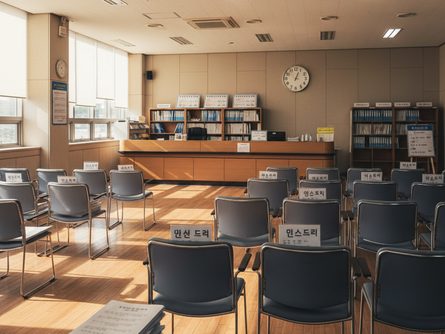 법원 경매 입찰 대기실 내부 전경, 좌석에 앉아 서류를 검토하는 사람들과 앞쪽 안내 데스크